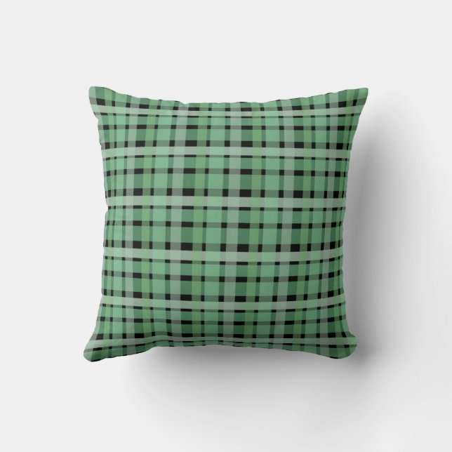 Checkered Plaid Tartan Green Stripes On Black  Throw Pillow (Back)
