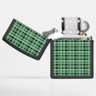 Checkered Plaid Tartan Green Stripes On Black Zippo Lighter