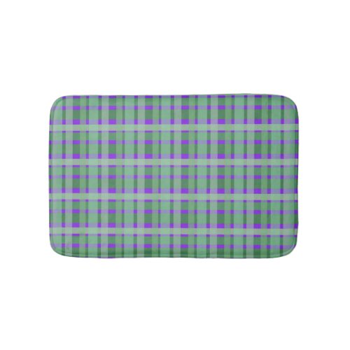 Checkered Plaid Tartan Green Stripes On Purple  Bath Mat