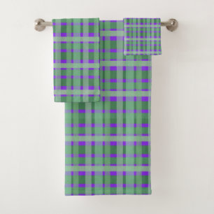 Checkered Plaid Tartan Green Stripes On Purple  Bath Towel Set