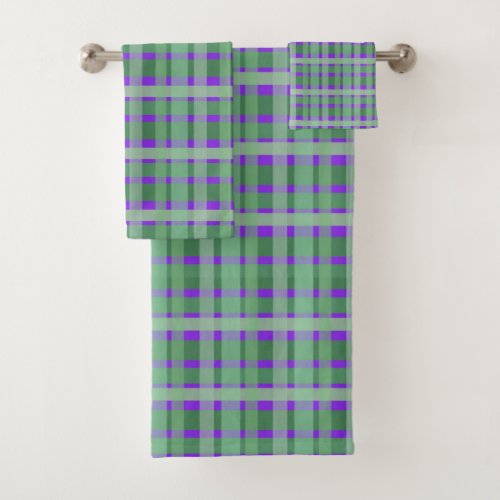 Checkered Plaid Tartan Green Stripes On Purple  Bath Towel Set