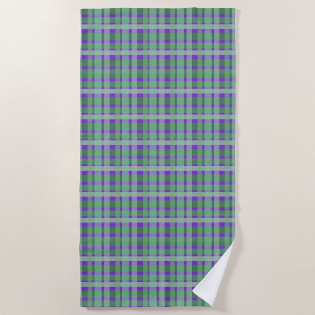 Checkered Plaid Tartan Green Stripes On Purple  Beach Towel (Front)