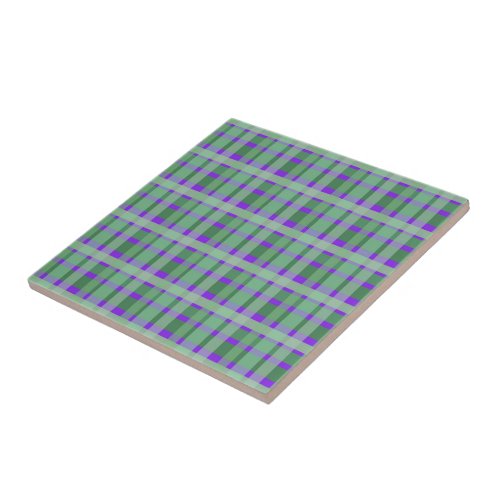 Checkered Plaid Tartan Green Stripes On Purple  Ceramic Tile