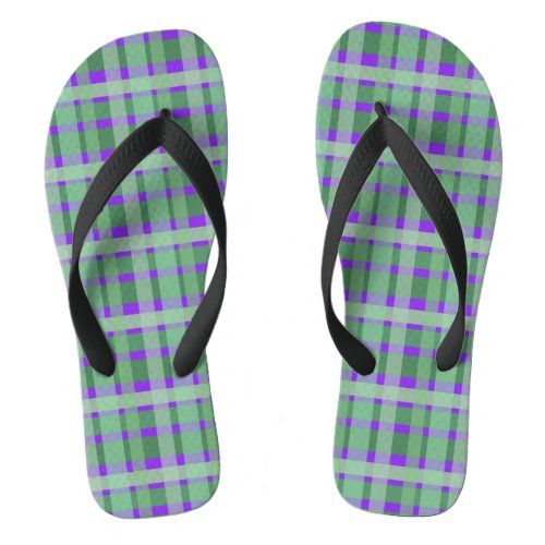 Checkered Plaid Tartan Green Stripes On Purple  Flip Flops