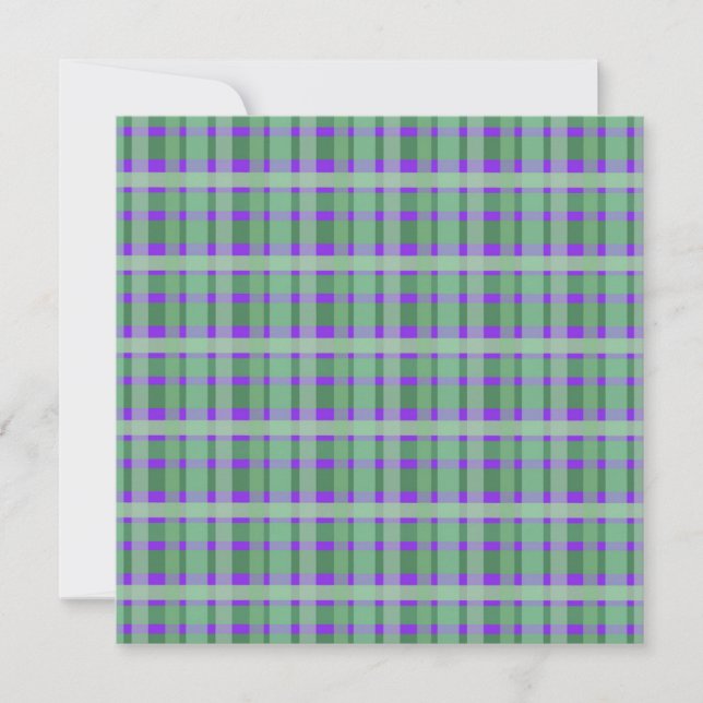 Checkered Plaid Tartan Green Stripes On Purple  Holiday Card (Front)