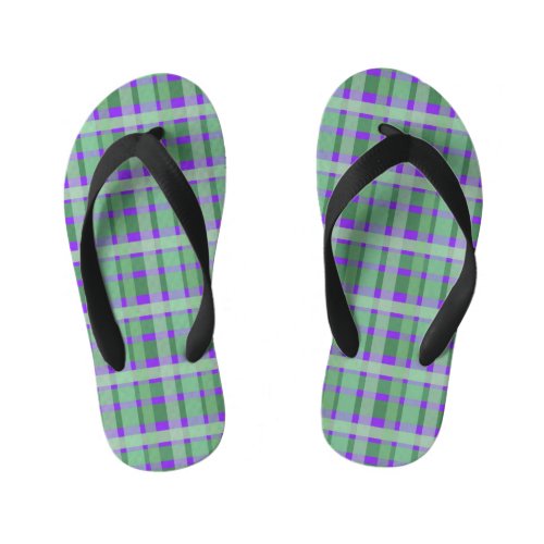 Checkered Plaid Tartan Green Stripes On Purple  Kids Flip Flops