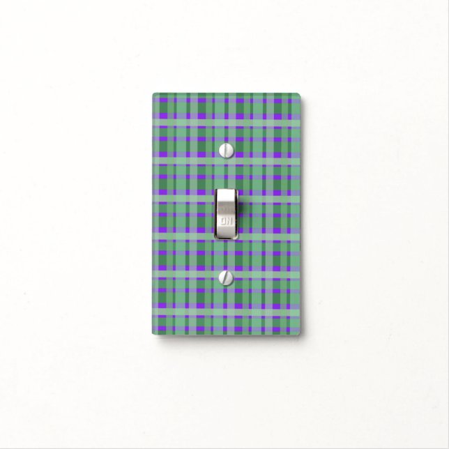 Checkered Plaid Tartan Green Stripes On Purple  Light Switch Cover (In Situ)