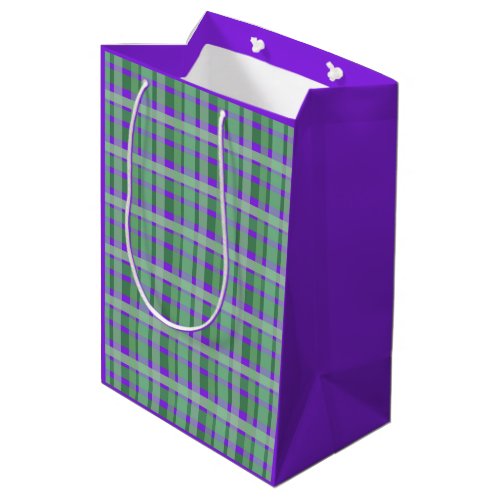 Checkered Plaid Tartan Green Stripes On Purple  Medium Gift Bag