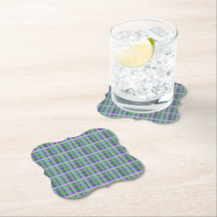 Checkered Plaid Tartan Green Stripes On Purple Paper Coaster