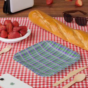 Checkered Plaid Tartan Green Stripes On Purple Paper Plates
