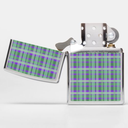 Checkered Plaid Tartan Green Stripes On Purple Zippo Lighter