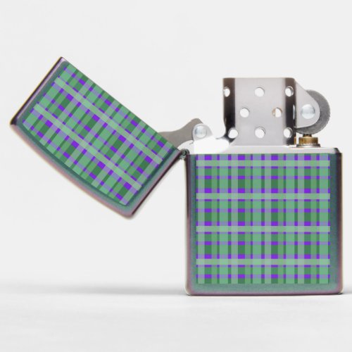 Checkered Plaid Tartan Green Stripes On Purple Zippo Lighter