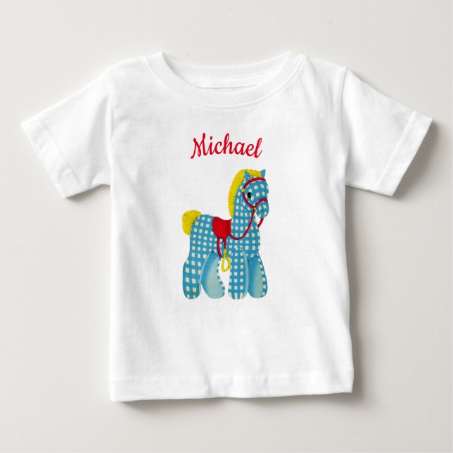 Checkered Pony Western theme personalized name Baby T-Shirt (Front)
