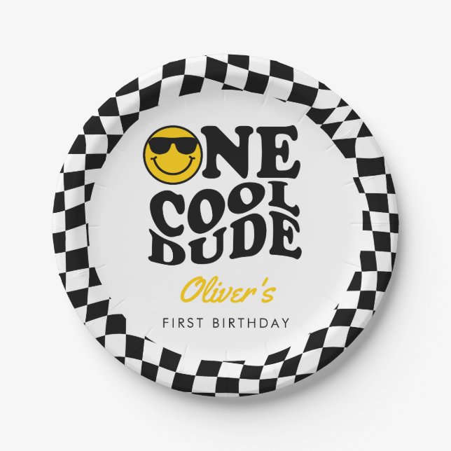 Checkered Preppy Smile One Cool Dude 1st Birthday Paper Plates (Front)