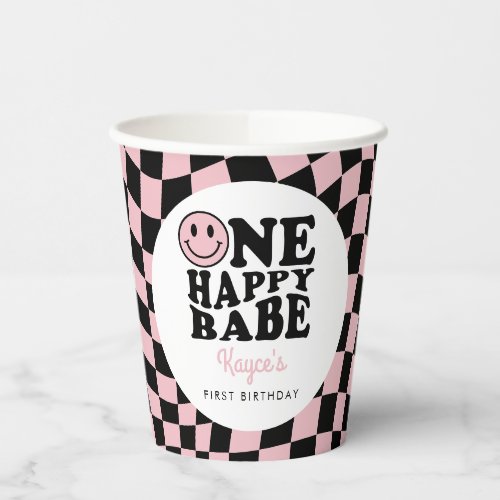 Checkered Preppy Smile One Happy Babe 1st Birthday Paper Cups