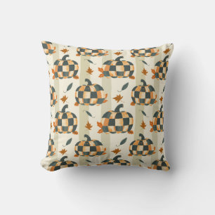 Checkered Pumpkin Fall Watercolor Modern Leaves Throw Pillow