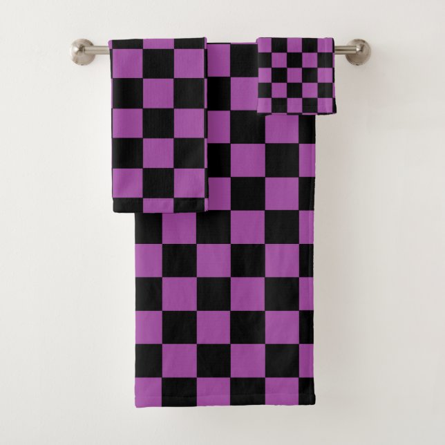 Checkered Purple and Black Bath Towel Set (Insitu)