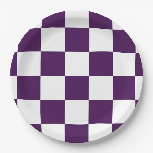 Checkered Purple and White Paper Plates