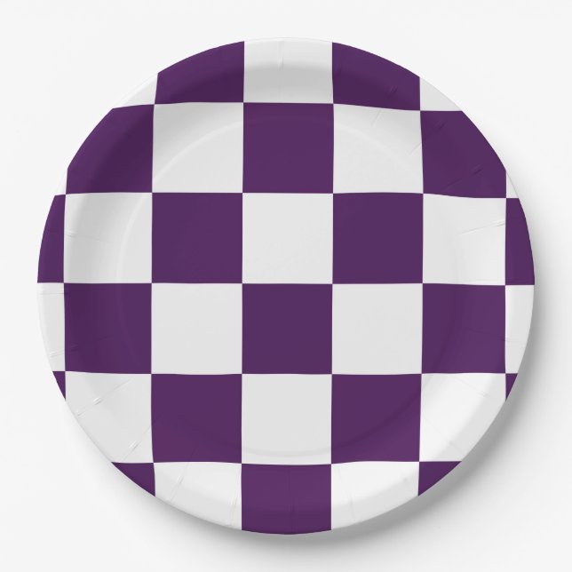 Checkered Purple and White Paper Plates (Front)