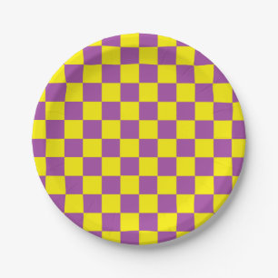 Checkered Purple and Yellow Paper Plates