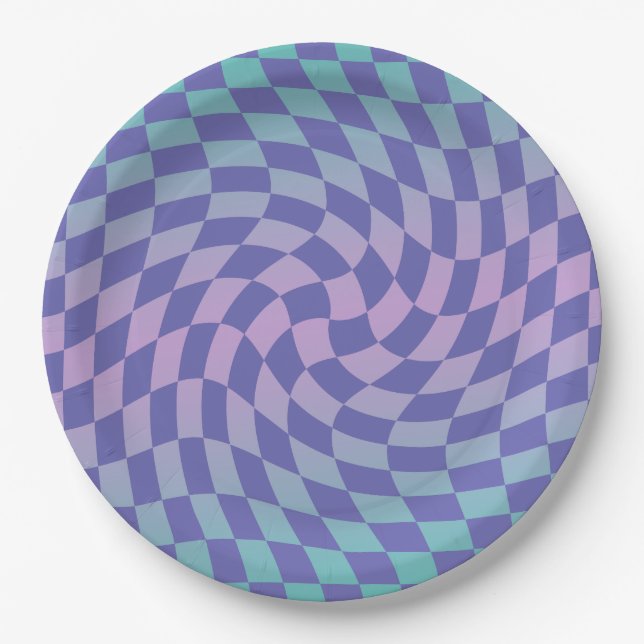 Checkered Purple Blue Gradient Ombre  Paper Plates (Front)