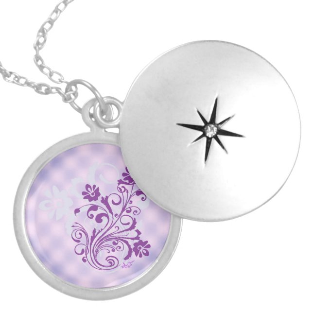Checkered Purple Floral Swirl Silver Round Locket (Front)