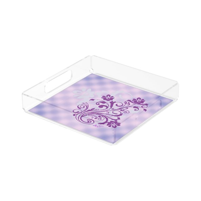 Checkered Purple Floral Swirl Small Vanity Tray (Angled)