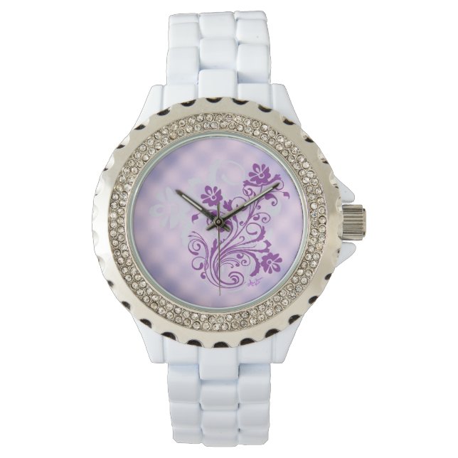 Checkered PurpleFloralSwirl White Rhinestone Watch (Front)