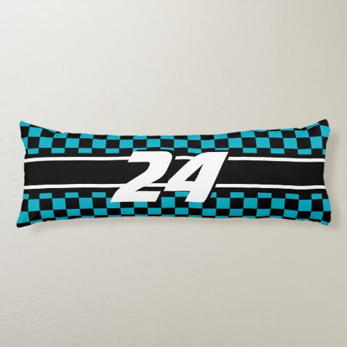 Checkered Race Car  Black and Teal  Number Body Pillow