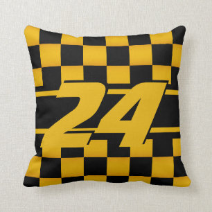 Checkered Race Car Golden Yellow Number Throw Pillow