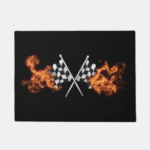 Checkered race flags on fire doormat