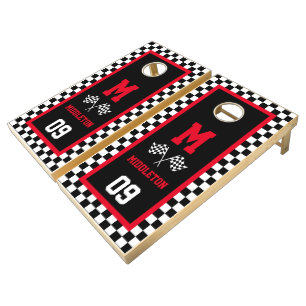 Checkered Racing Flags Square Design Red Cornhole Set