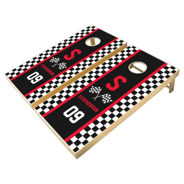 Checkered Racing Flags Stripe Design Red Cornhole Set (Angled)
