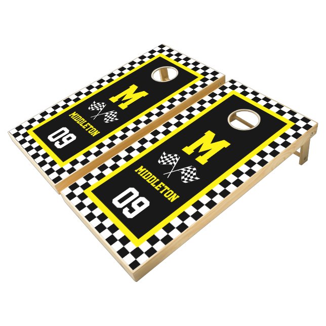 Checkered Racing Square Design Cornhole Set (Angled)