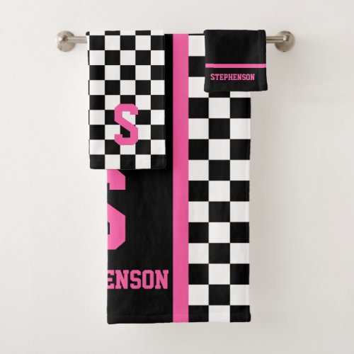 Checkered Racing Stripe Black and Pink Bath Towel Set