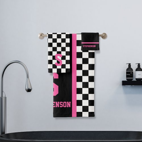 Checkered Racing Stripe Black and Pink Bath Towel Set