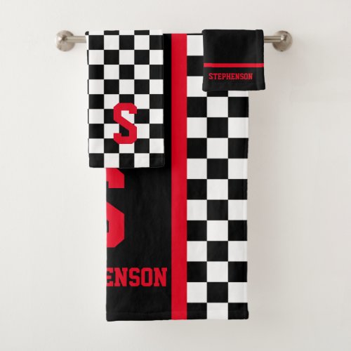 Checkered Racing Stripe Black and Red Bath Towel Set