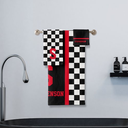 Checkered Racing Stripe Black and Red Bath Towel Set