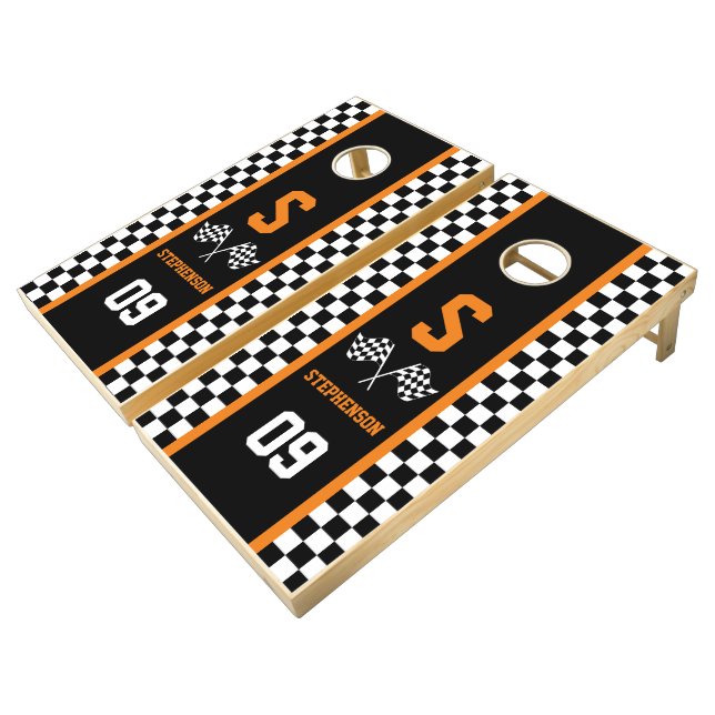 Checkered Racing Stripe Design Cornhole Set (Angled)