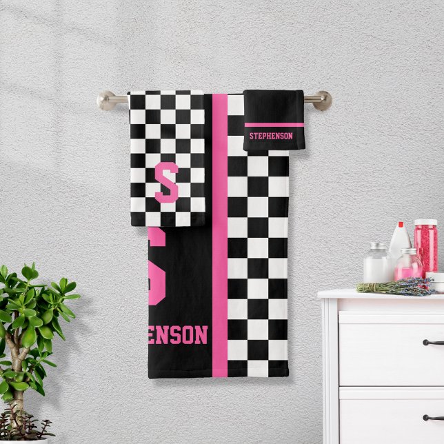 Checkered Racing Stripe Pink and Black Bath Towel Set (Creator Uploaded)