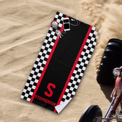 Checkered Racing Stripe Red and Black Beach Towel