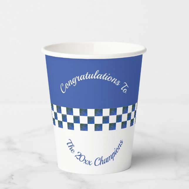 Checkered Racing Themed Design In Blue and White Paper Cups (Left)