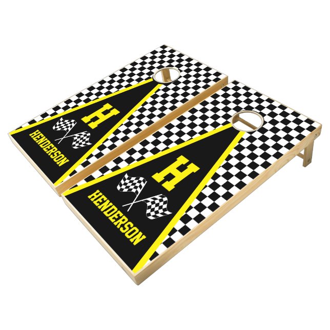 Checkered Racing Triangle Design Cornhole Set (Angled)