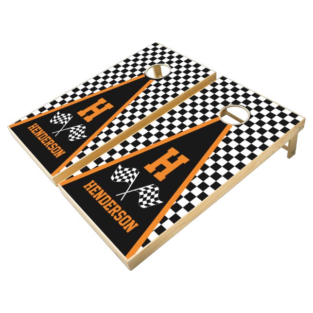 Checkered Racing Triangle Design Cornhole Set (Angled)
