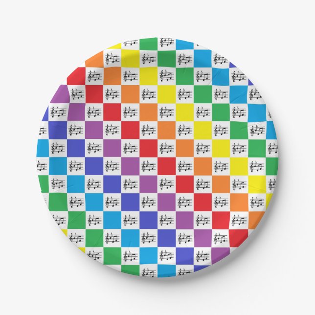 Checkered Rainbow and Musical Notes Paper Plates (Front)