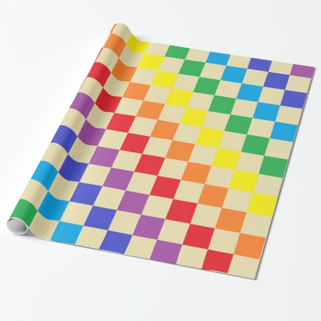 Checkered Rainbow Beige Wrapping Paper (Unrolled)