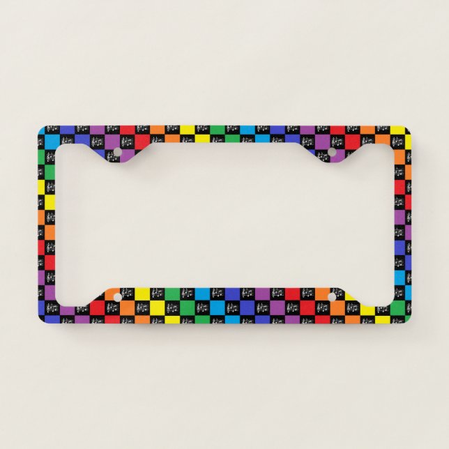 Checkered Rainbow Black and Musical Notes License Plate Frame (Front)