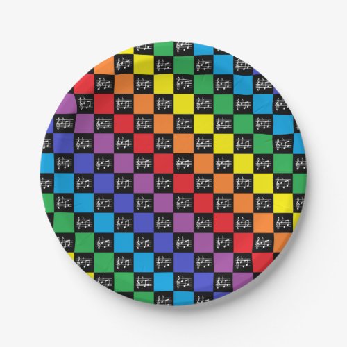 Checkered Rainbow Black and Musical Notes Paper Plates