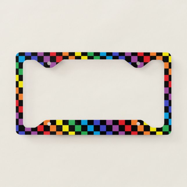 Checkered Rainbow Black License Plate Frame (Front)