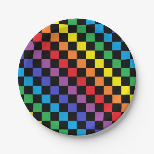 Checkered Rainbow Black Paper Plates